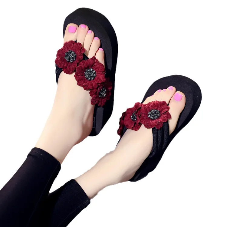 Female Shoes Summer Clogs Woman Rubber Flip Flops Ladies\' Slippers Low Platform On A Wedge 2024 Beach Hawaiian Cotton Fabric Hoo