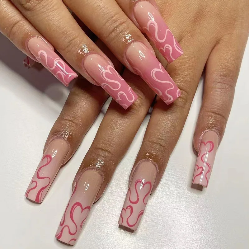 24Pcs Wearable False Nails with Glue Long Ballerina Pink Press on Nails French Full Cover Coffin Fake Nails Tip with Rhinestones