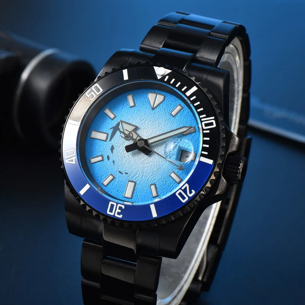 40mm Watch Men\'s Business Watch Luminous Aseptic Shark Dial Sapphire Glass Black Stainless Steel Case Bracelet Movement NH35