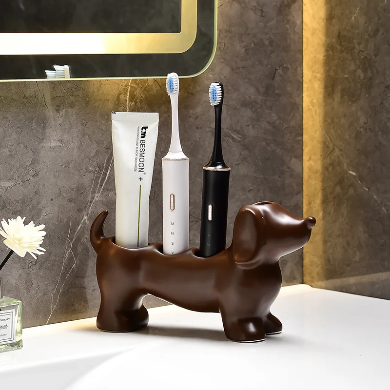 Sausage dog toothbrush holder, cute animal dog shaped storage container, bathroom countertop accessories, bathroom decoration