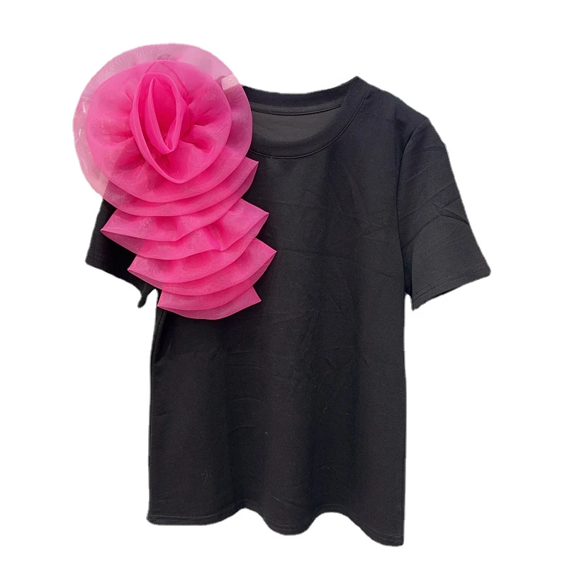 

Fashion Color Contrast Sweet Organza Three-Dimensional Flower Decorative Round Neck Pullover Short Sleeve T-shirt for Women