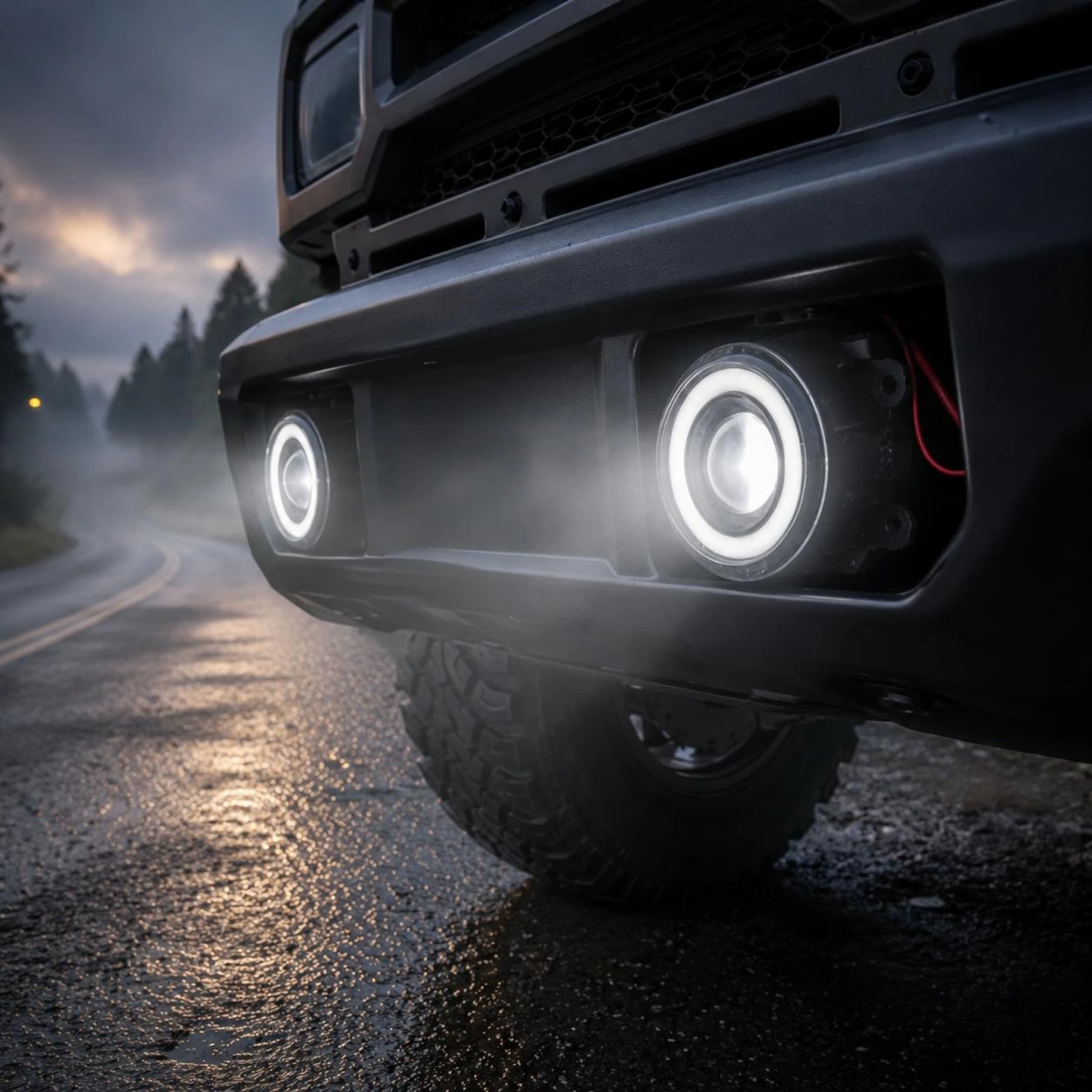LED Fog Light Black Housing Glowing Circle Circle Lens Light Round Lens Bulb Left-Right Pair Auto Lighting Improves Visibility