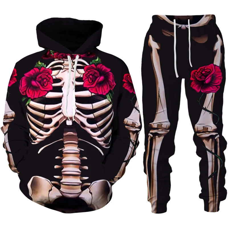 Men Tracksuit Set 3D Print Horror Skeletons Funny Halloween Skull Cosplay Hoodie+Pants 2pcs Sets Oversized Pullover High-quality