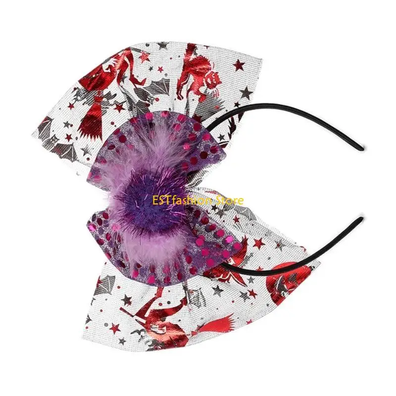 

Y5GC Glinting Devil Headband for Kids Halloween Oversized Bow Theme Parties Dark Sequins Bats Headband with Tulle Bow Cobweb