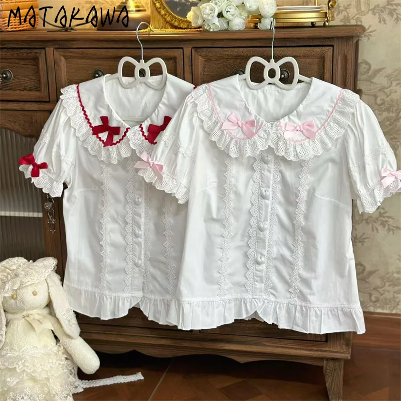 

Matakawa Women Shirts&blouses Puff Sleeve Spring Summer Sweet Bows Blusas Mujer Japanese Style Vintage Ruffles Camisas