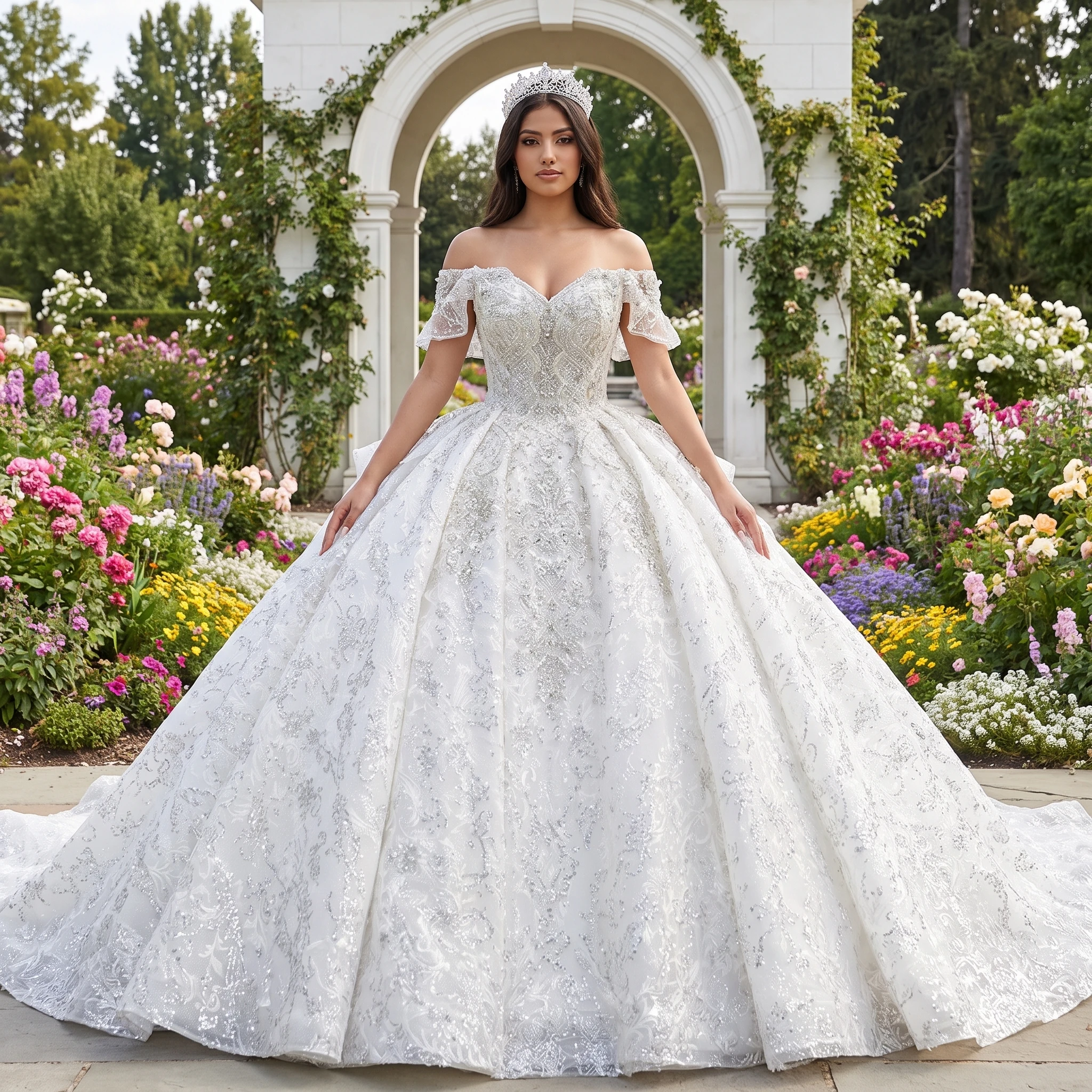 Customized Ball Gown Short Sleeves Wedding Dresses Party Evening Dresses White Beaded Lace Bridal Gowns robe de mariée