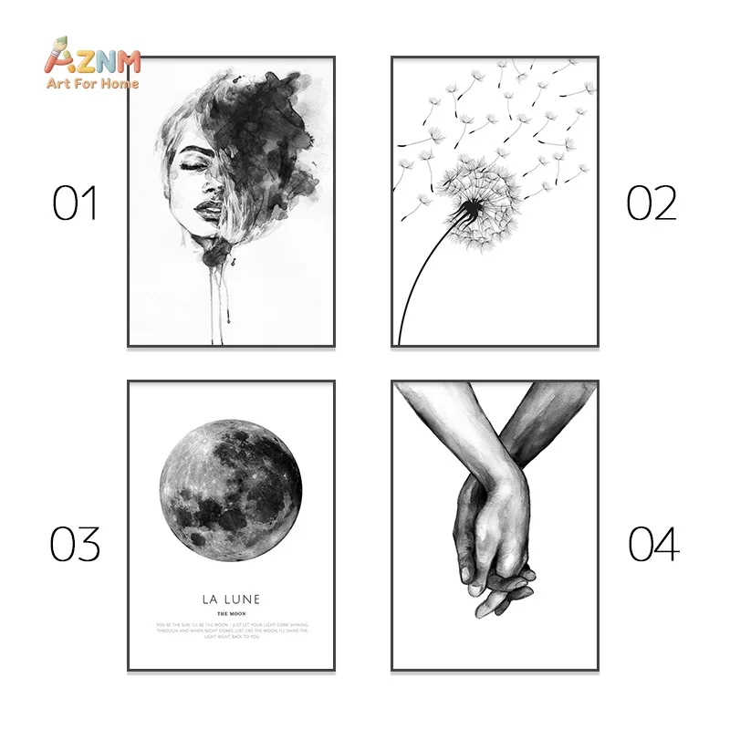 AZNM Black Pink Canvas Wall Art,Abstract Line Figure Moon Heart Love Text Quote Unframed Canvas Poster for Living Room Bedroom H