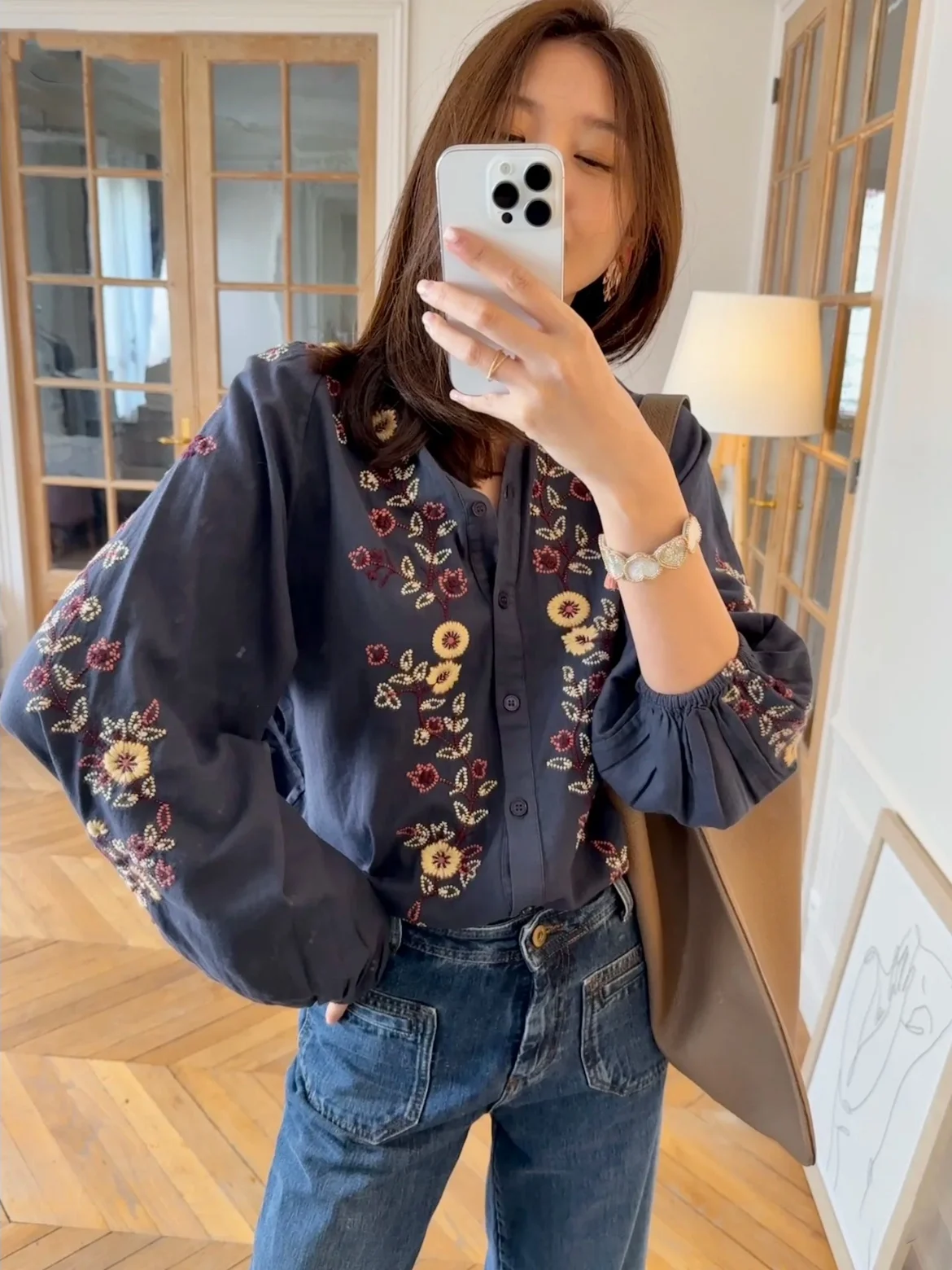 

HEIDD Heavy Embroidery Long Sve round Ne irt Cotton Casual Sle Floral Pattern Women's Autumn Winter Faion irt