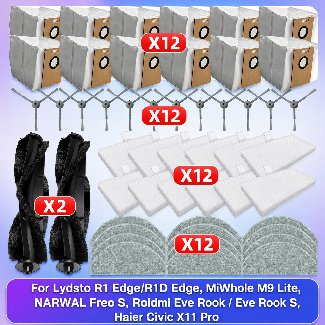 Passend für (Lydsto R1 Edge/R1D Edge, MiWhole M9 Lite, NARWAL Freo S, Roidmi Eve Rook/Eve Rook S, Haier Civic X11 Pro) Staubsaugerteile: Hauptbürste, Seitenbürste, Staubbeutel, Filter, Wischmopptuch,