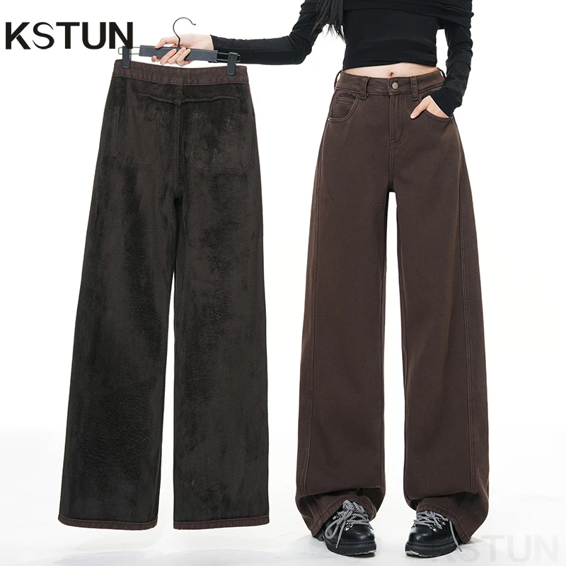 

KSTUN зимние широкие флисовые кофейные джинсы с высокой талией для женщин, утепленные джинсовые брюки из 100% хлопка, теплые брюки для мам, винтажные