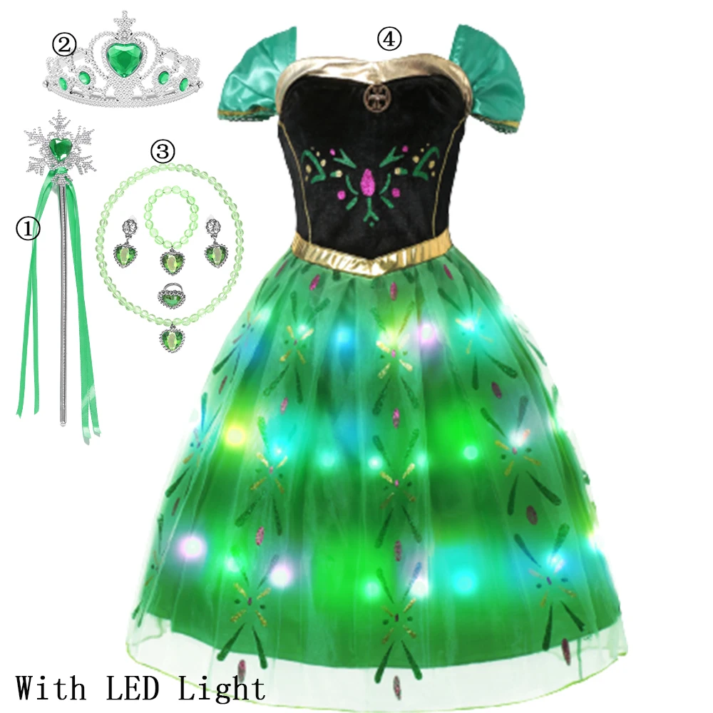 Frozon Girls Anna Princess Dress LED Light Princesse Cosplay Costume For Kids Child Birthday Carnival Party 2024 Costumes