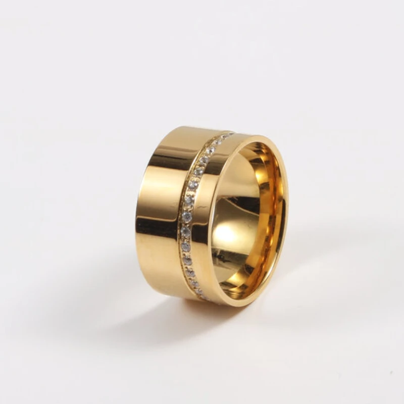 New Fashion Gold Color Shinny Zircon Width Ring for Women Stainless Steel Ring Gold Plated Jewelry