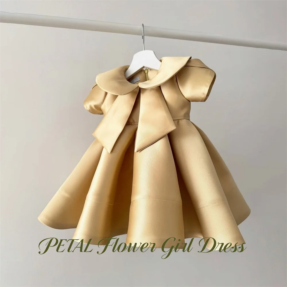 

Petal Champagne Gold Kids Birthday Party Dress Round Neck Short Sleeve Pageant Dress for Girl A Line Bow First Communion Gown