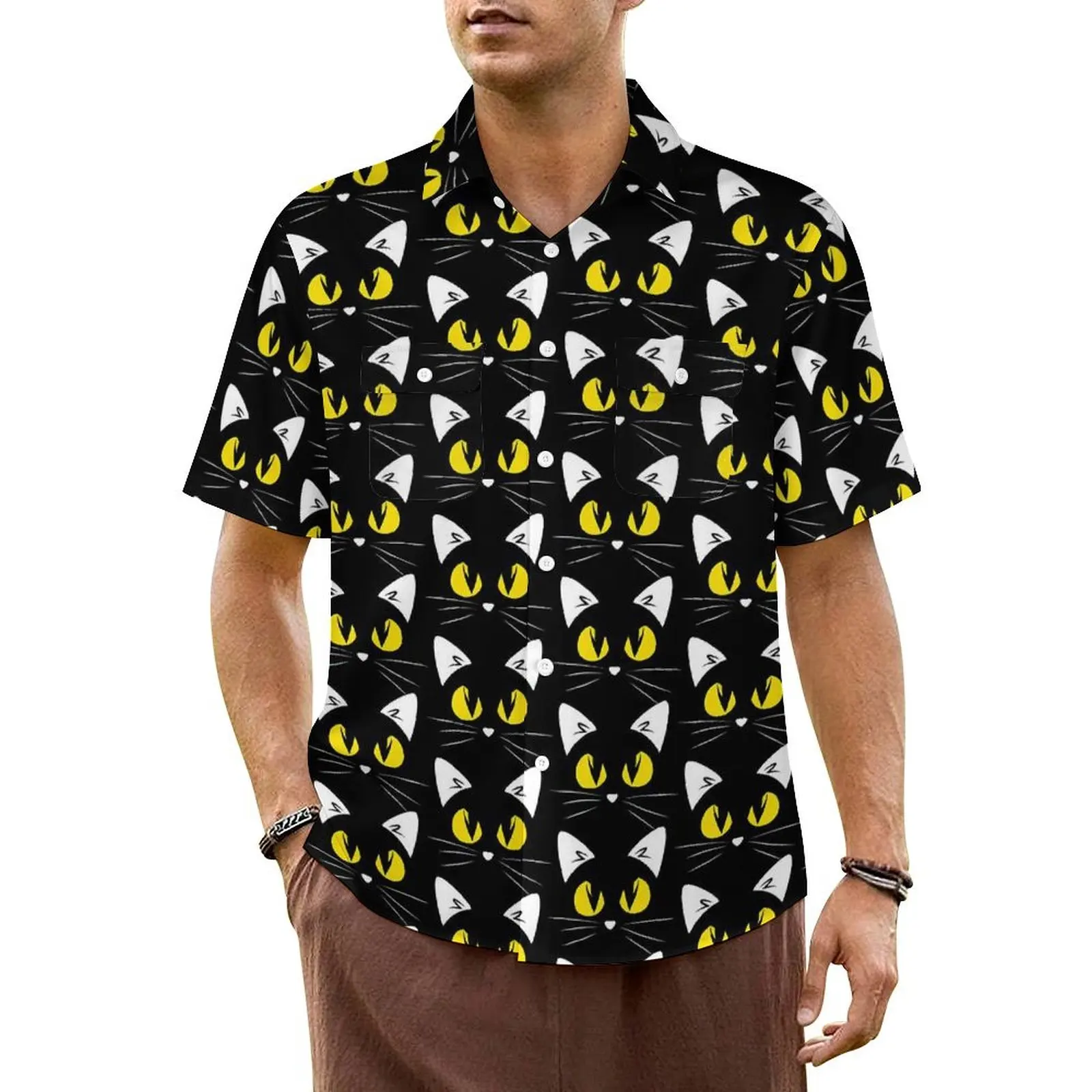 

Hawaiian Shirt Beach Cute Halloween Blouses Black Cats Retro Casual Shirts Man Short-Sleeve Y2K Funny Oversize Clothing