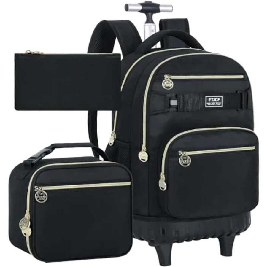 

3Pcs Rolling Backpack for Boys Men, 19 Inche Adults Roller Backpacks with Wheels, School Wheeled Bookbag with Lunch Box Black