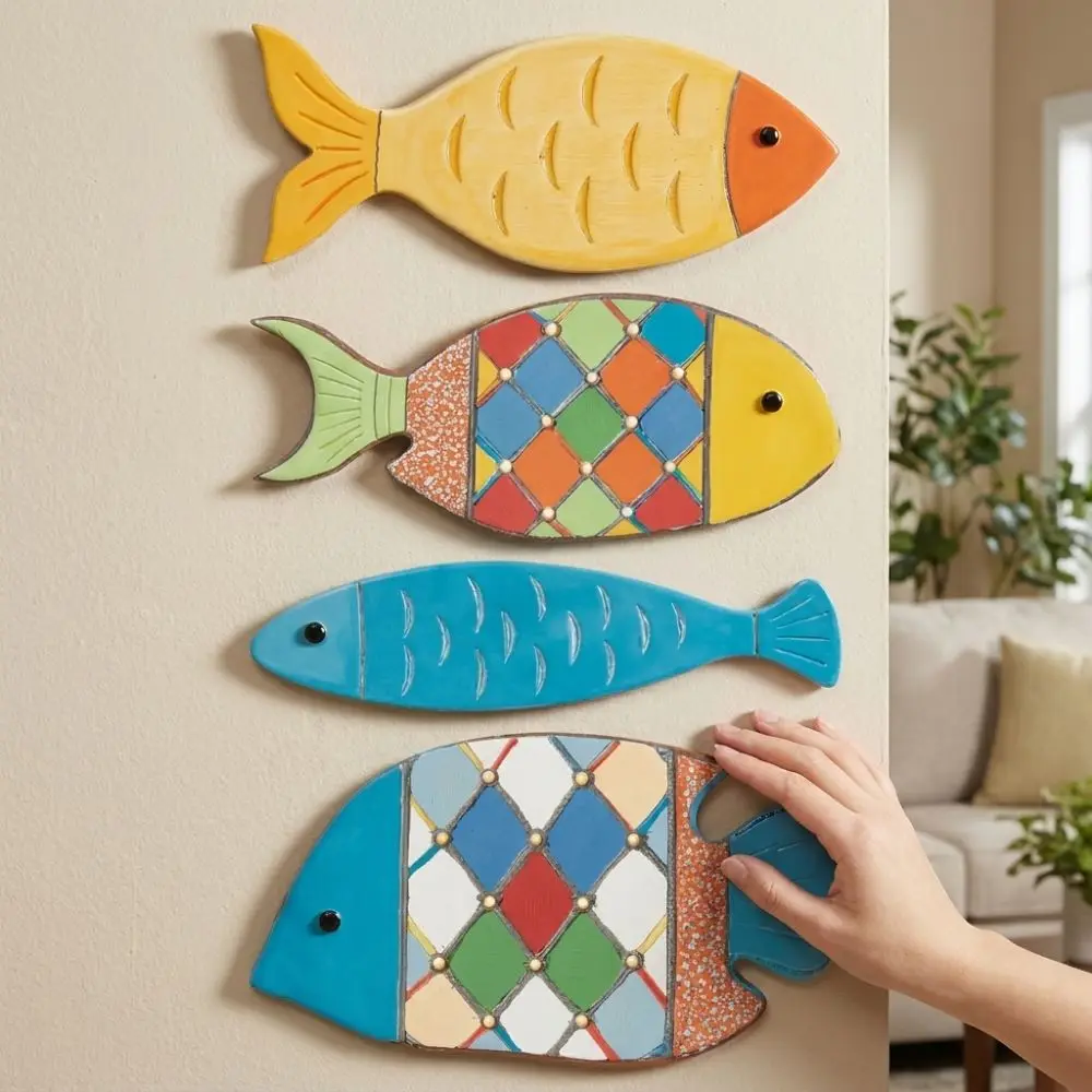 2D Fish Shaped Wood Fish Wall Decor Vintage Style Beach Theme Wooden Fish Hanging Sign School of Fish Rustic Retro