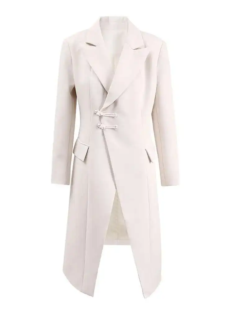 

BJTZ Fashion Women's Long Blazer Notched Collar Single Row Buckle High Waist Long Sleeve Beige Suit Jackets Summer 2025 New