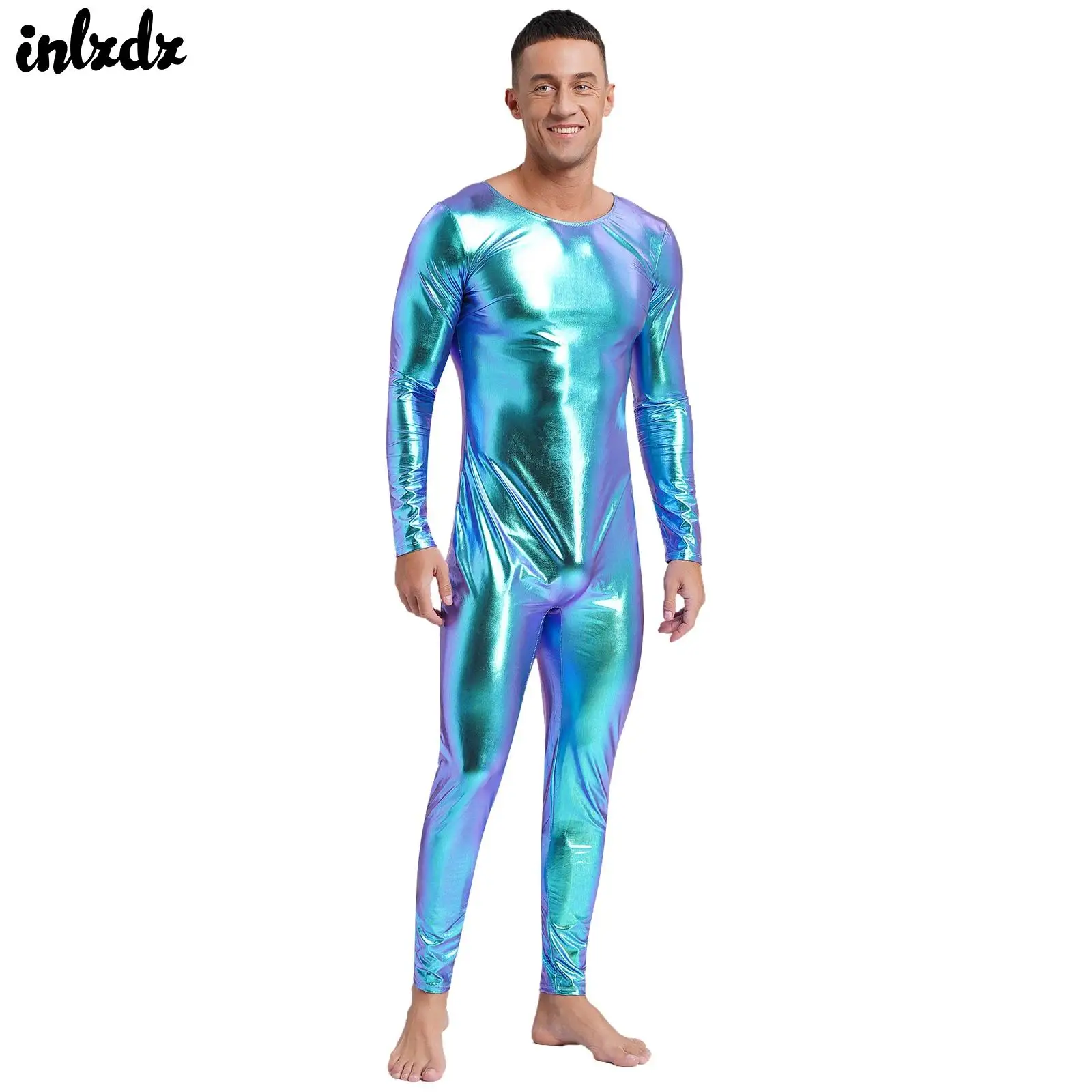 

Mens Metallic Shiny Lingerie One-piece Jumpsuit Ballet Unitard Dancewear Round Neck Long Sleeve Slim Fit Full Body Bodysuit