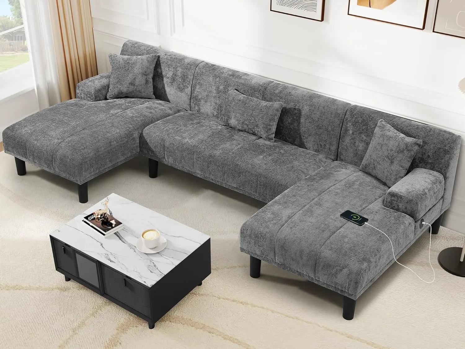 YITAHOME Sectional Couches for Living Room, U Shaped Sofa Chenille Modern Couch with USB & Type C Charging Ports Double Chaise a