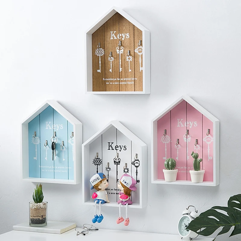 Wood House Shape Key Hook Holder Wall Hanging Rack Organizer Home Decor Entrance Wall Key Hanger Jewelry Display Holder Box