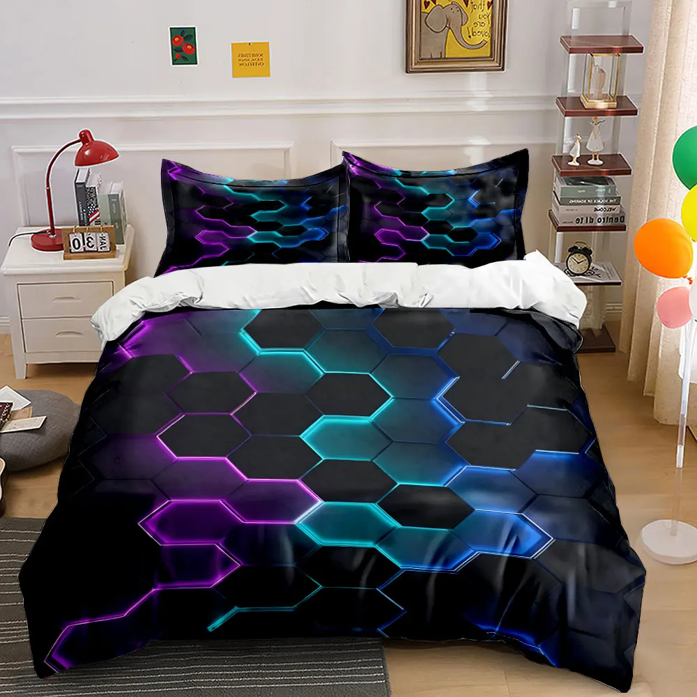 Vibrant hexagonal glowing pattern background Bedding set 3PC 1 duvet cover 2 pillowcases adult and children bedding set Luxury