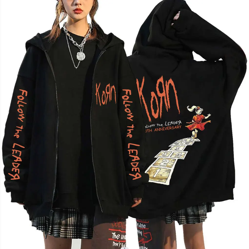 

Korn Rock Band Follow The Leader 20Th Anniversary Graphic Zipper Hoodie Men Retro Metal Streetwear Male Oversized Zip Up Jacket