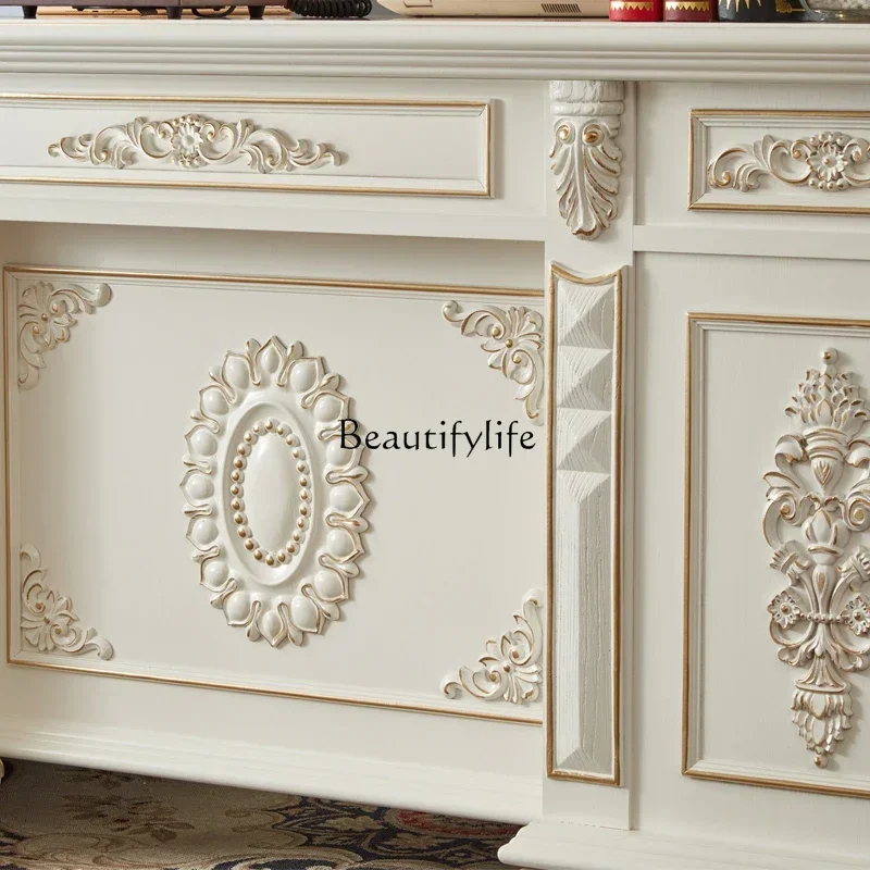 1American solid wood desk study computer desk European white gold painting