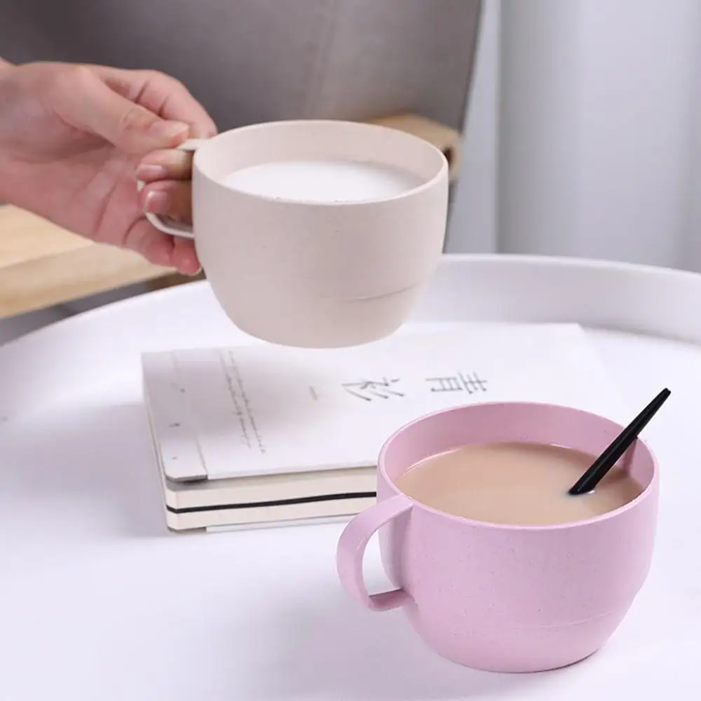 Fall Resistant 1 pcs Flat Bottom Reusable with Handle Kitchen Supplies Coffee Mug Drinkware Drinking Cup Wheat Straw Cup