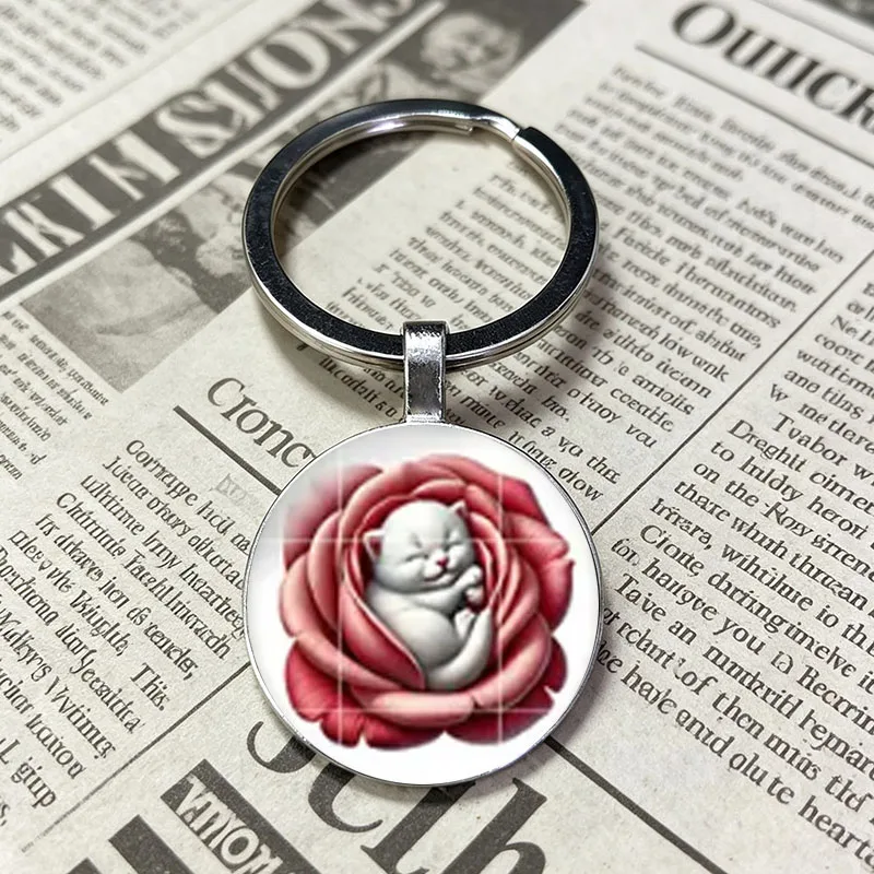 Flower Baby Cat Keyring, Layered Petals Green Bud Leaf Surround Napping White Kitty Glass Key Pendant Fashion Accessory