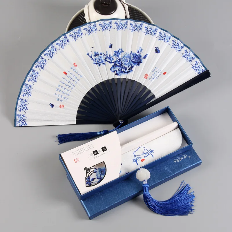 Chinese style portable tassel 23cm small folding fan, blue and white porcelain ink folding fan (hand fan)