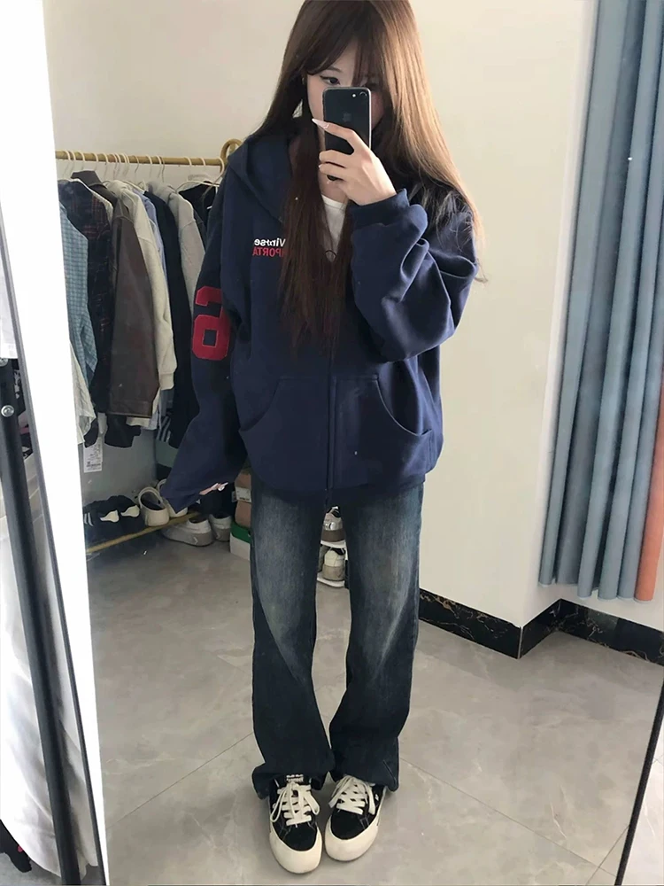 American Retro bordado con capucha abierta Cardigan sudadera mujer primavera otoño pareja deportes cremallera Jaet suelta ajuste largo S...