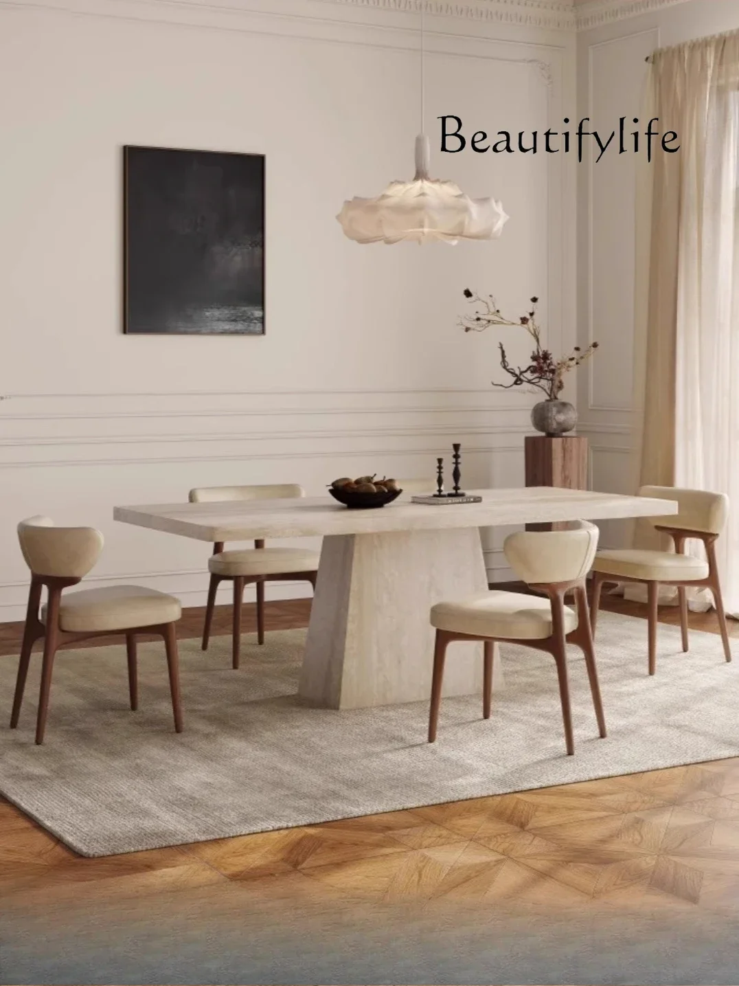 French retro travertine rock slab dining table hanging rectangular designer travertine dining table dining chair combination