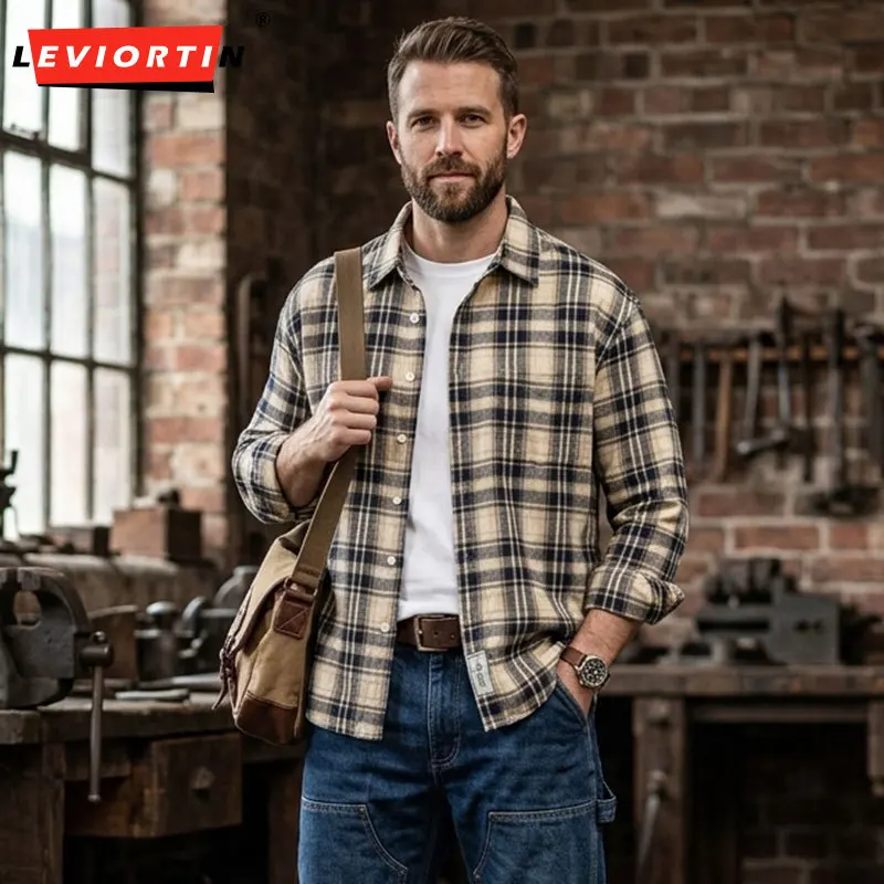 

British Style Plaid Flannel Shirt For Men Spring Autumn Casual Loose Fit Long Sleeve Tops Versatile Daily Wear Dress Shirt