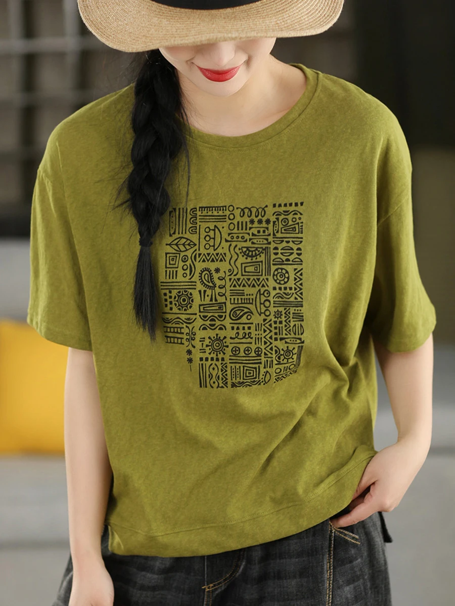 

Retro Print Linen Feel Cotton Short Sleeve Summer Versatile round Neck Overhead Shirt Artistic Casual T-Shirt Women's Top