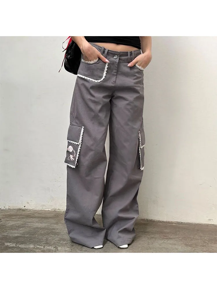 

Woman Denim Pants Loose Trousers Low Waist Sweatpants Floor-Length Cargo Pockets Pants Bell Bottoms Hiking Design Pant Y2K