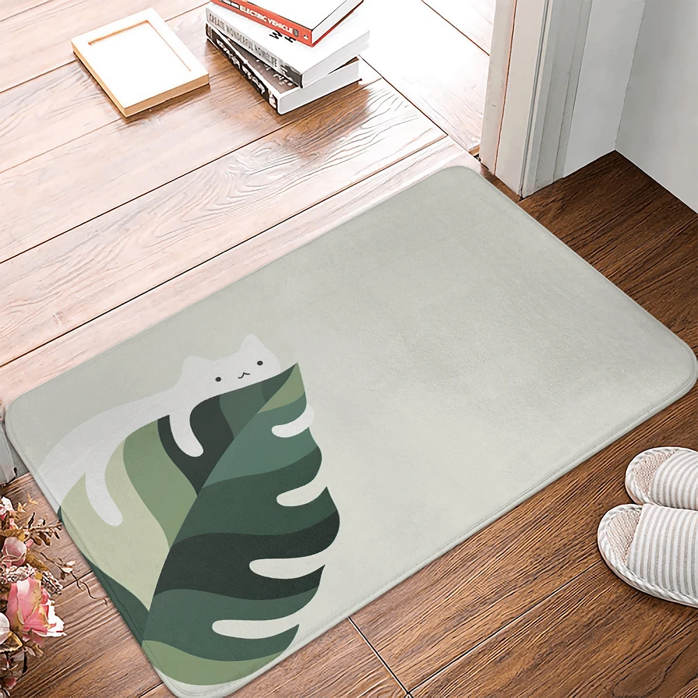 The cat Green Leaves Floor Mats Bathroom Non-Slip Mat Kitchen Living Room Bedroom Doormats Carpets Washable Home Decor