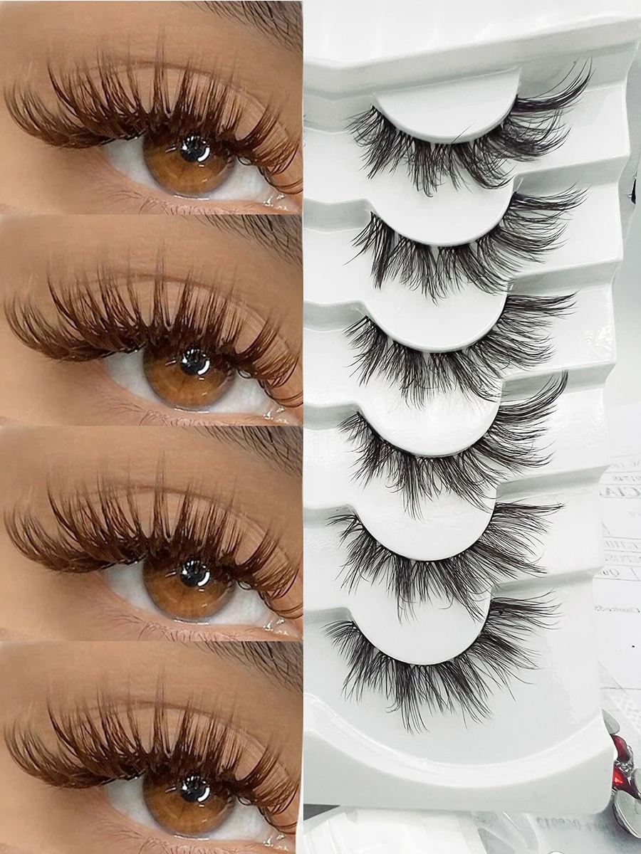 6 คู่ปุยสีน้ําตาลขนตาปลอมขนตาโปร่งใสที่มองไม่เห็น Band Lashes Crisscross Curl Fox Eye Effect Faux Mink Lashes