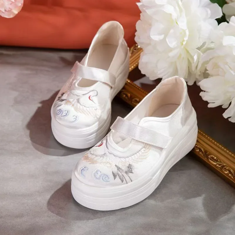Hanfu Shoe Ancient Chinese Traditional Dance Performance Embroidery Canva Flat Oriental Women Wedding Ankle Internal Height