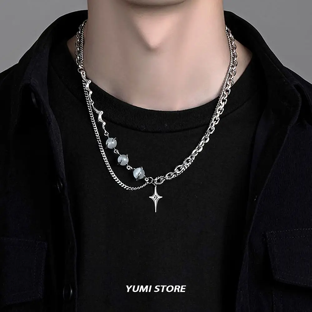 Titanium Steel Multi layered Star Cross Pendant Necklace For Men Women Trend Kpop Crystal Bead Sweater Chain Unisex Jewelry