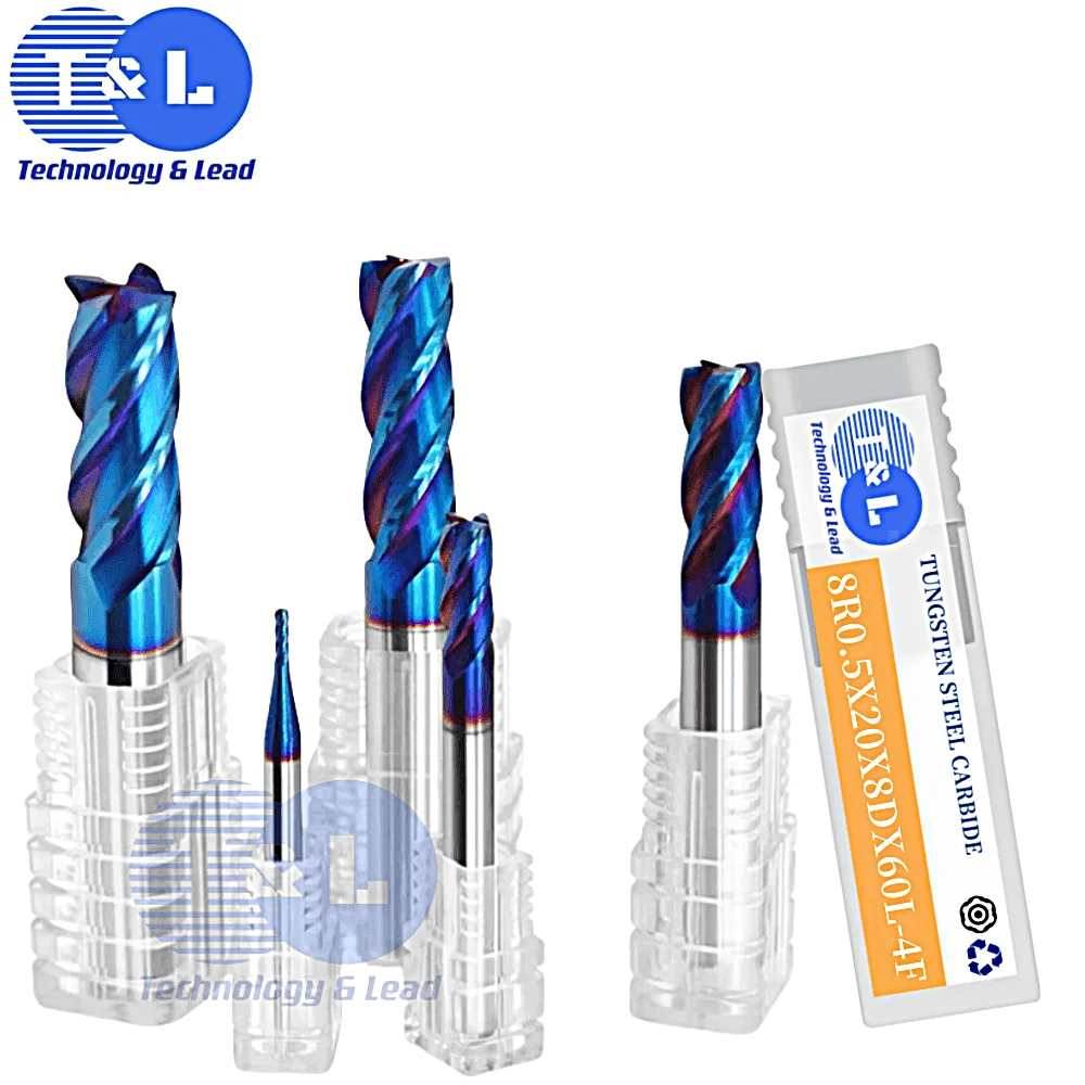 T&L HRC63 Blue Nano Coating Tungsten Steel 4-Flute Round Nose Milling Cutter CNC Machining Center Special Endmills Tools