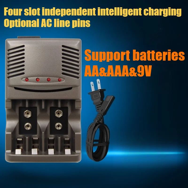 819W 4-Slot Independent AA Battery Charger with Cable Output - Universal Smart Fast Charger for 9V Ni-MH Rechargeable Batteries