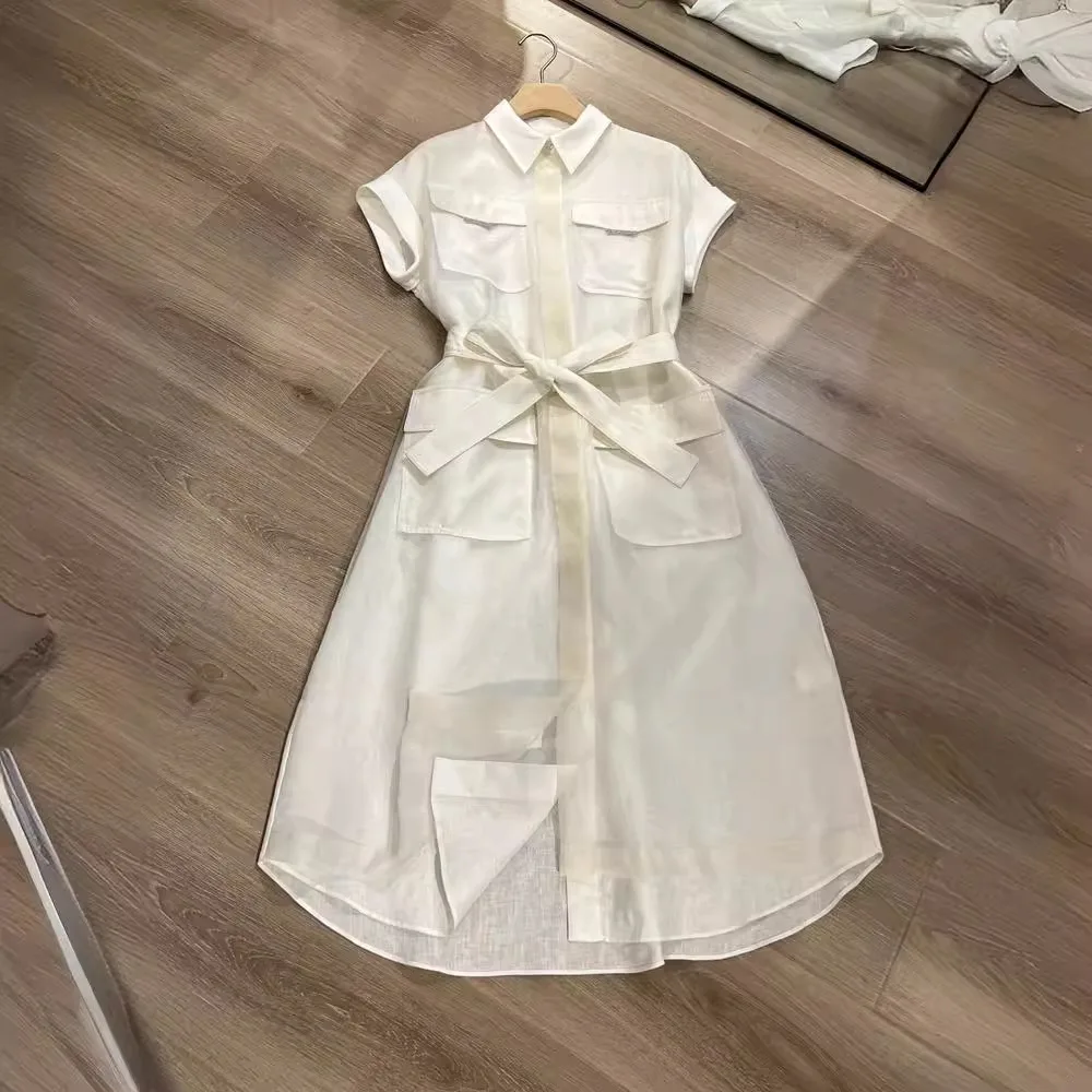 คุณภาพสูงฤดูร้อนสุภาพสตรีผ้าไหมแขนสั้นชุดความยาวกลาง A-Line Dresses