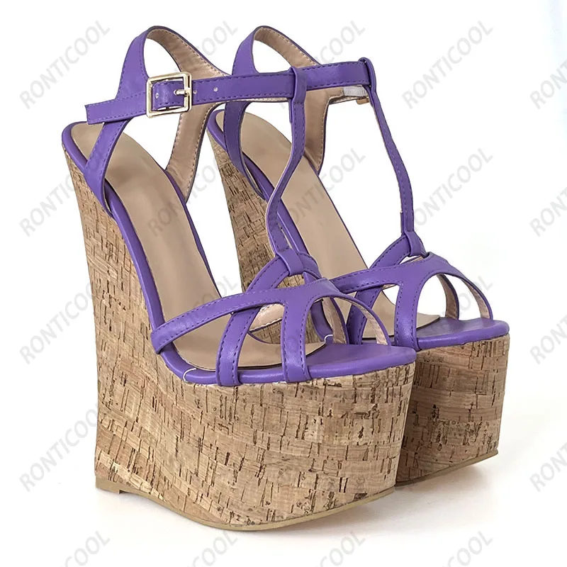 Ronticool Handmade Women T-strap Sandals Ultra High Wedges Heels Round Toe Classics Black Dress Shoes Ladies US Plus Size 5-15