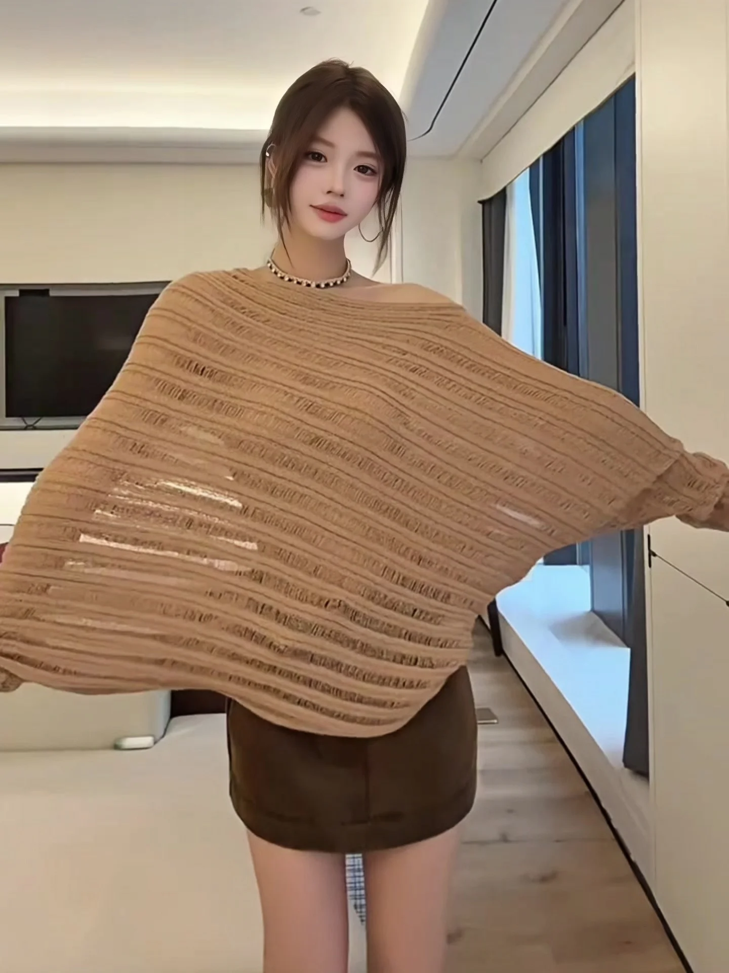 Solto longo sve feminino de malha oco para fora slouchy oulder topo coreano sle outono faion casual tecido macio redondo ne