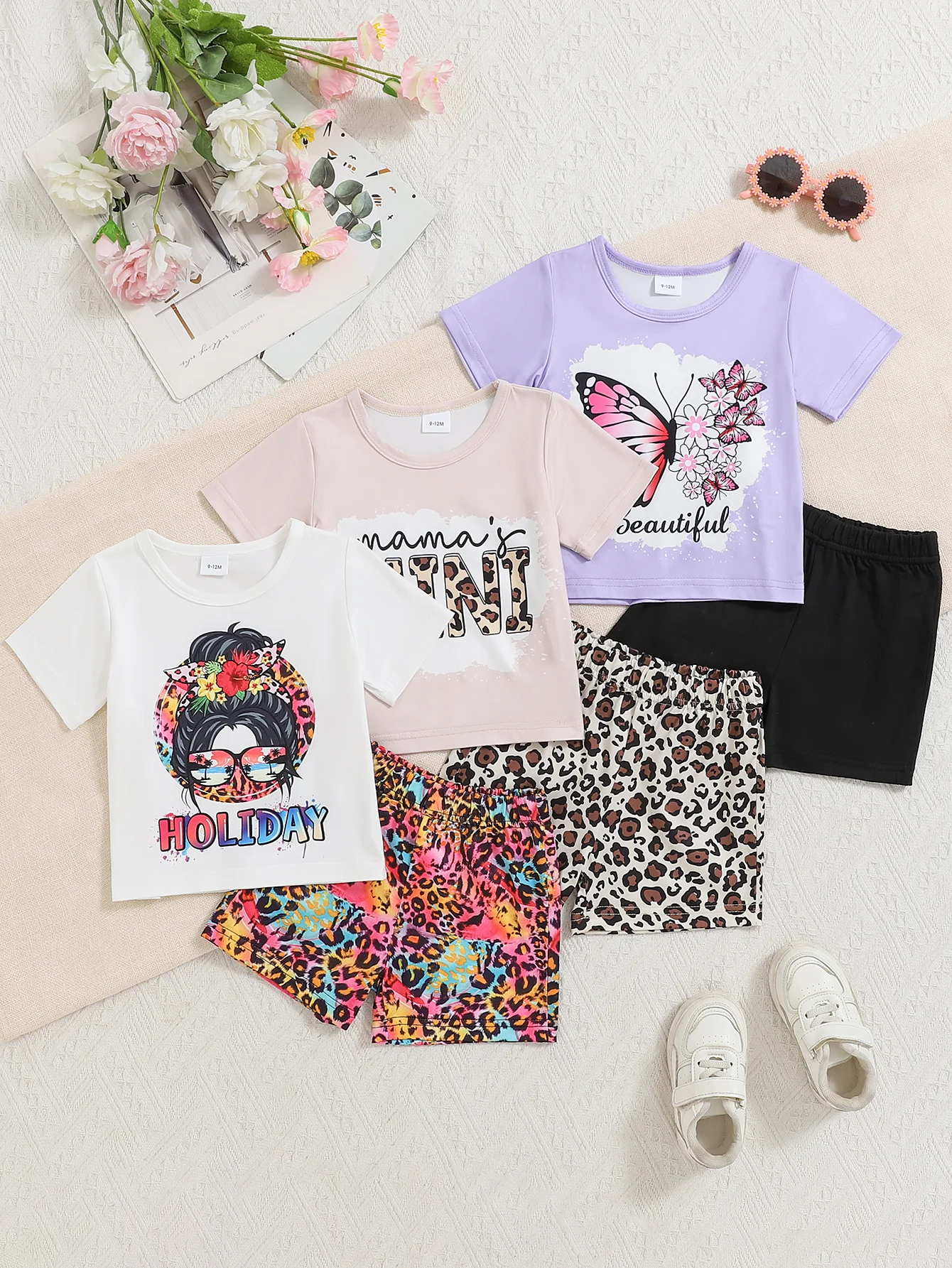

Summer Simple And Casual Baby Girl Short-Sleeved T-Shirt, Letter Butterfly Top, Fun Leopard Print Shorts Six-Piece Set