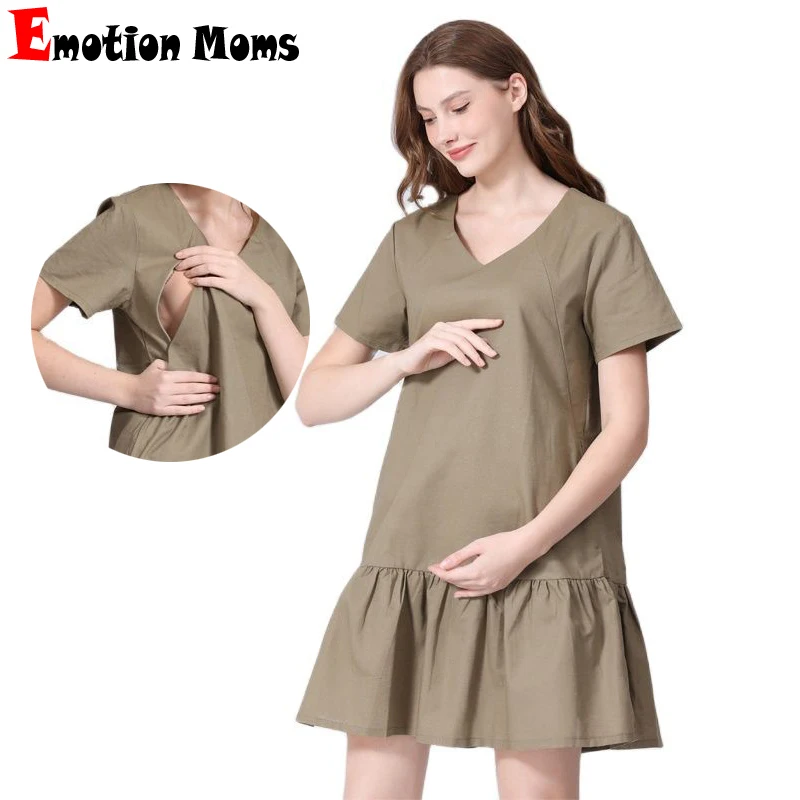 New Summer Pregnant Dress Ruffle Straight Cut Maternity Cotton Linen Dress Invisible Zipper Breastfeeding Clothes Plus Size