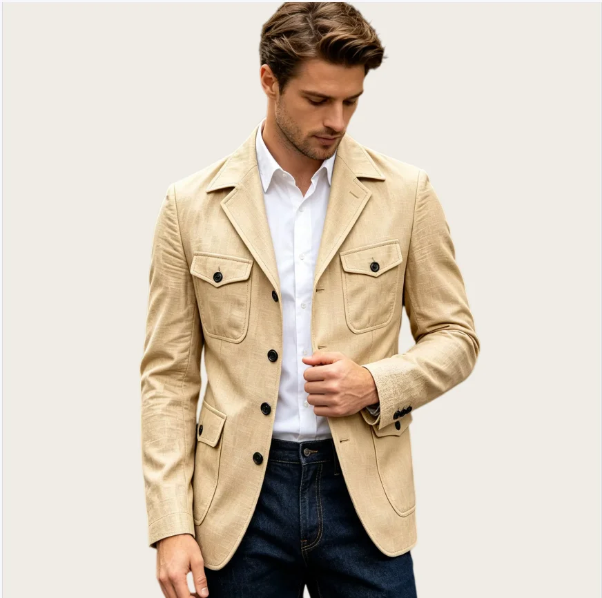 Men's Linen Suit Safari Jacket Khaki Notch Lapel Multi Pocket Casual Sport Coat Lightweight Breathable Blazer Summer Daily Wear