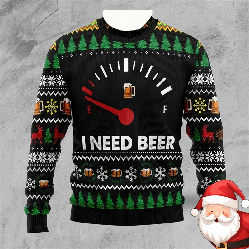 Beer Lover Ugly Christmas Sweater for Men 3D Printing Beer Sweatshirt Merry Christmas Pullovers 25-26 New Year Round Neck Hoodie