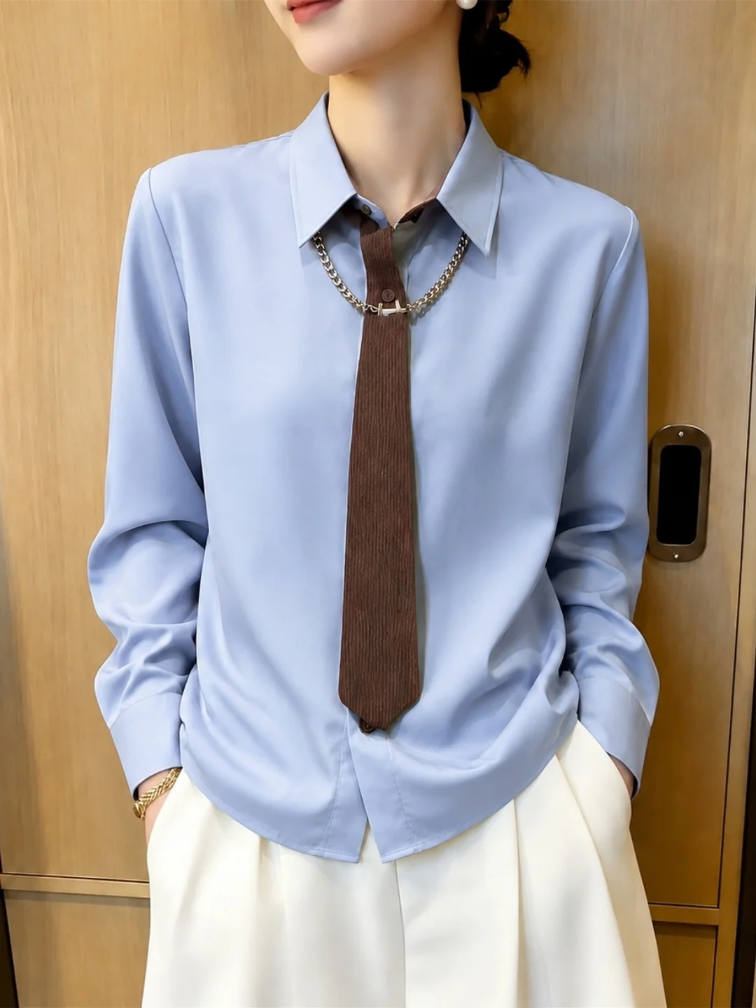 Chic Long Sleeve  Neck Shirt Versatile Korean Style Commute Fashion Autumn Design Sensation Elegant Youthful Appearance