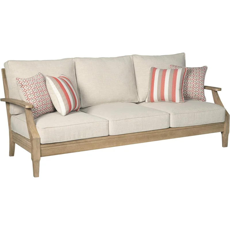 Signure Design by Ashley Clare View Coastal Outdoor Patio Eucalyptus Sofa with Cushions,Beige